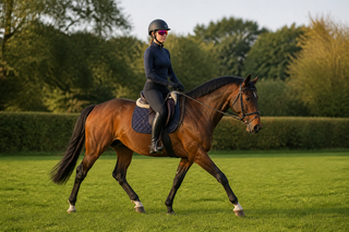 Rider wearing camera glasses on horseback in an open field