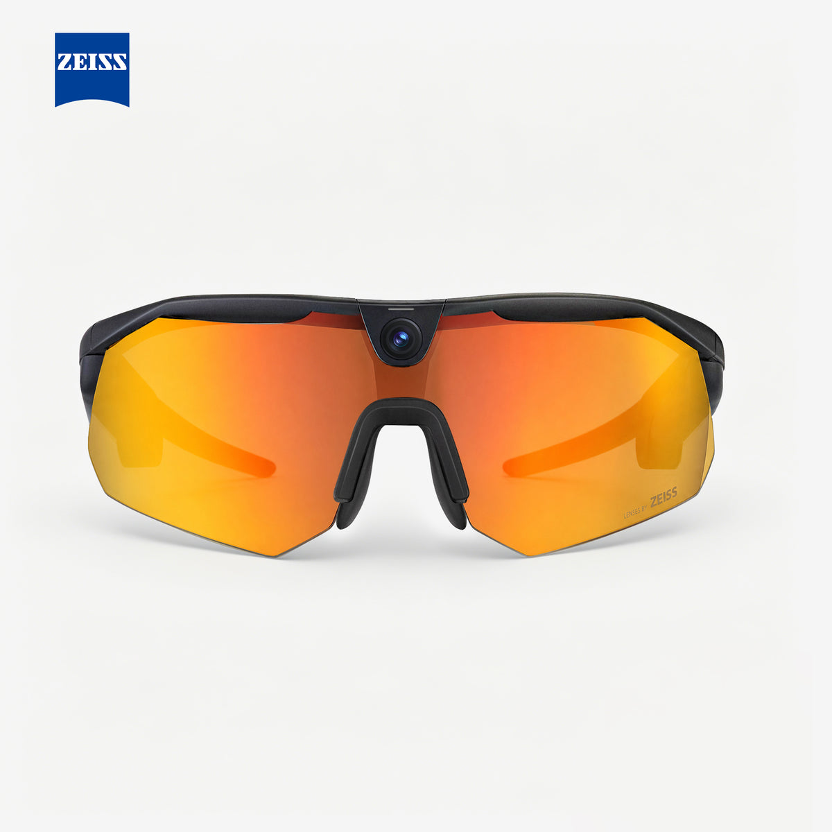 BleeqUp Ranger AI sports camera glasses, black frame with ZEISS orange mirrored lenses, front view