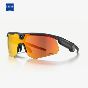 BleeqUp Ranger AI sports camera glasses, black frame with ZEISS orange mirrored lenses, side view
