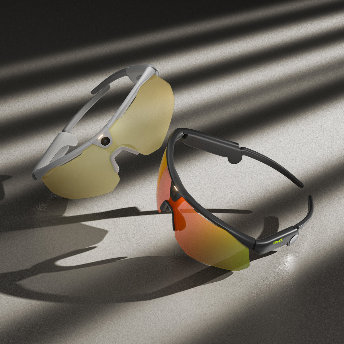 BleeqUp Ranger AI sports camera glasses with mirrored lenses on a sunlit surface